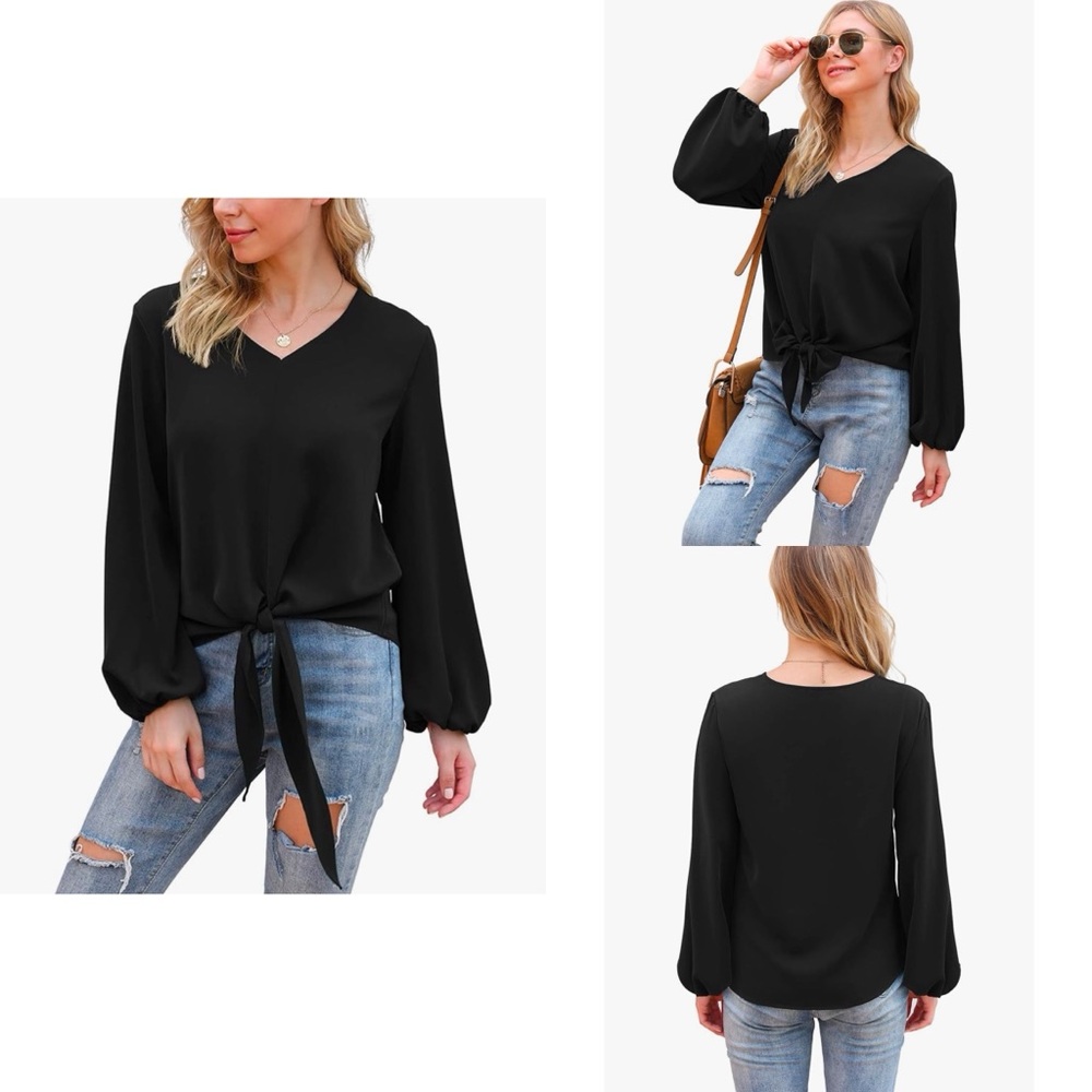 VIISHOW Tie Front Knot Lantern Sleeve Chiffon Top in Black Size XL